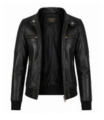 Women’s Black Leather Quilted Bomber Jacket in XS - Jacket Aura