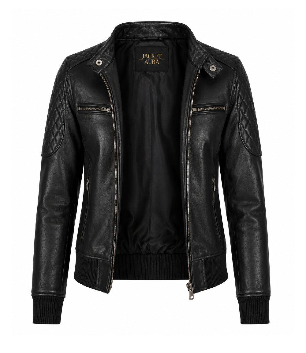 Women’s Black Leather Quilted Bomber Jacket in XS - Jacket Aura