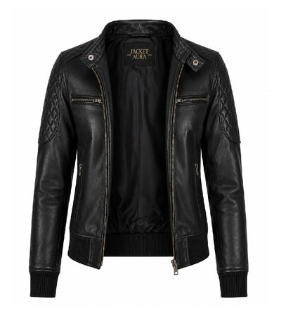 Women’s Black Leather Quilted Bomber Jacket in XS - Jacket Aura