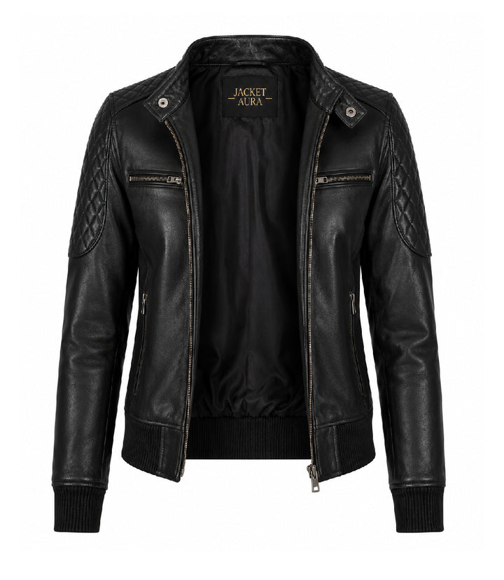 Women’s Black Leather Quilted Bomber Jacket in XS - Jacket Aura