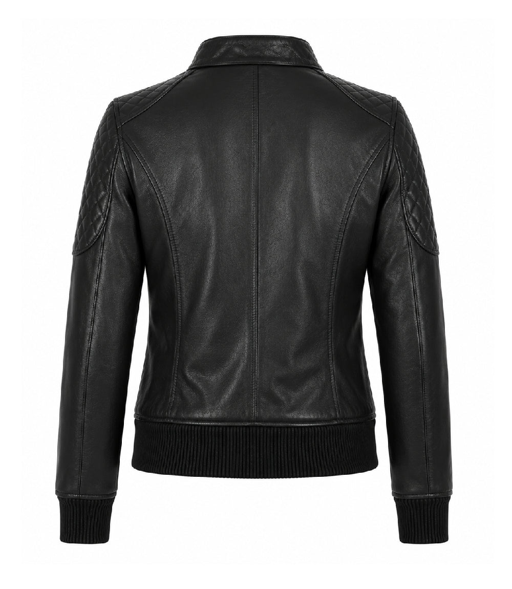 Women’s Black Leather Quilted Bomber Jacket in XS - Jacket Aura