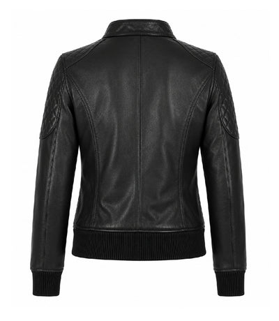 Women’s Black Leather Quilted Bomber Jacket in XS - Jacket Aura