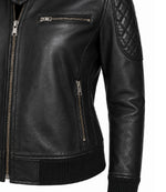 Women’s Black Leather Quilted Bomber Jacket in XS - Jacket Aura