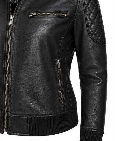 Women’s Black Leather Quilted Bomber Jacket in XS - Jacket Aura
