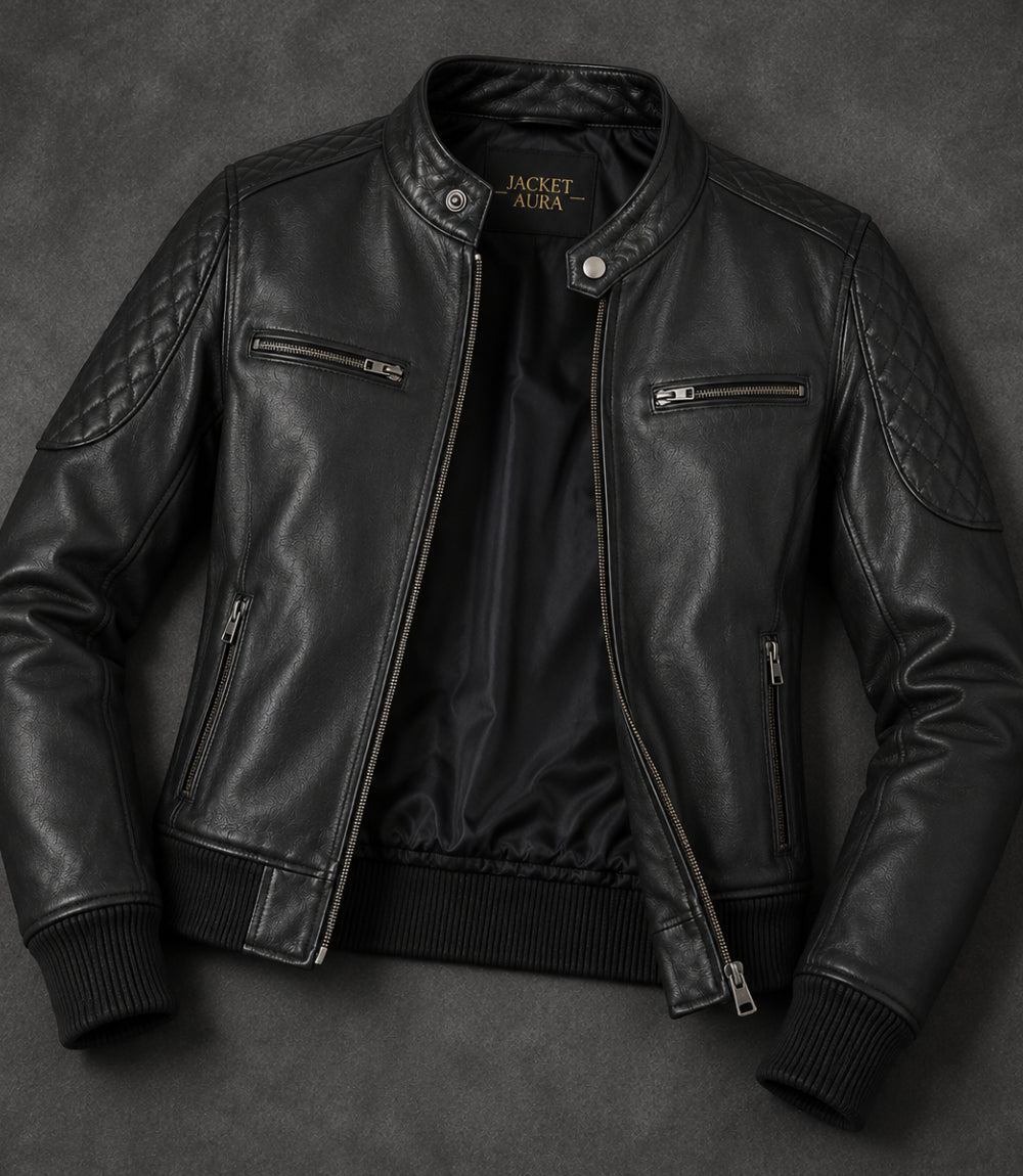 Women’s Black Leather Quilted Bomber Jacket in XS - Jacket Aura