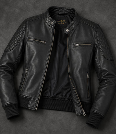 Women’s Black Leather Quilted Bomber Jacket in XS - Jacket Aura