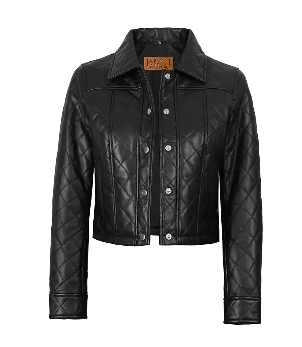 Women’s Black Real Leather Cropped Quilted Jacket | Jacket Aura in XS - Jacket Aura