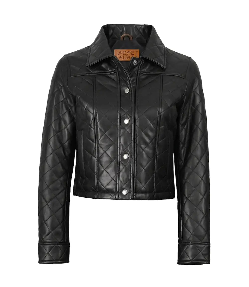 Women’s Black Real Leather Cropped Quilted Jacket | Jacket Aura in XS - Jacket Aura