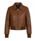 Women’s Cognac Brown Leather Harrington Bomber Jacket in XS - Jacket Aura