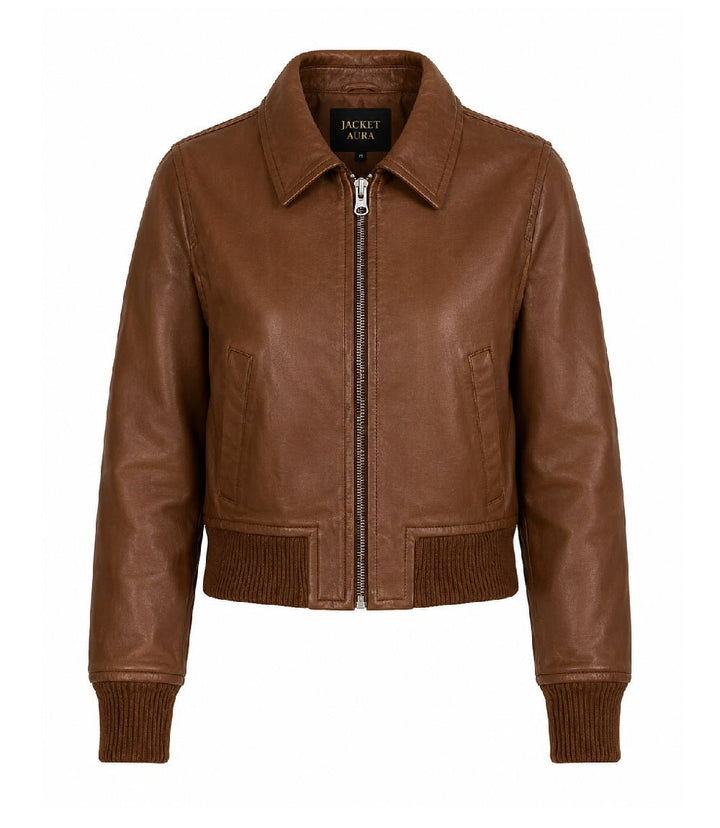 Women’s Cognac Brown Leather Harrington Bomber Jacket in XS - Jacket Aura