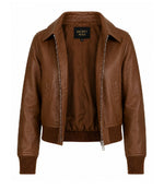 Women’s Cognac Brown Leather Harrington Bomber Jacket in XS - Jacket Aura