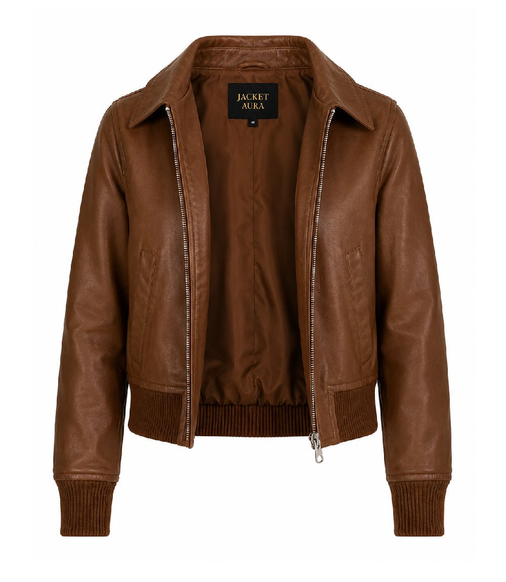 Women’s Cognac Brown Leather Harrington Bomber Jacket in XS - Jacket Aura