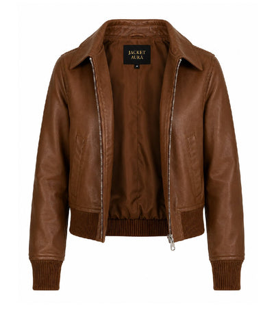 Women’s Cognac Brown Leather Harrington Bomber Jacket in XS - Jacket Aura