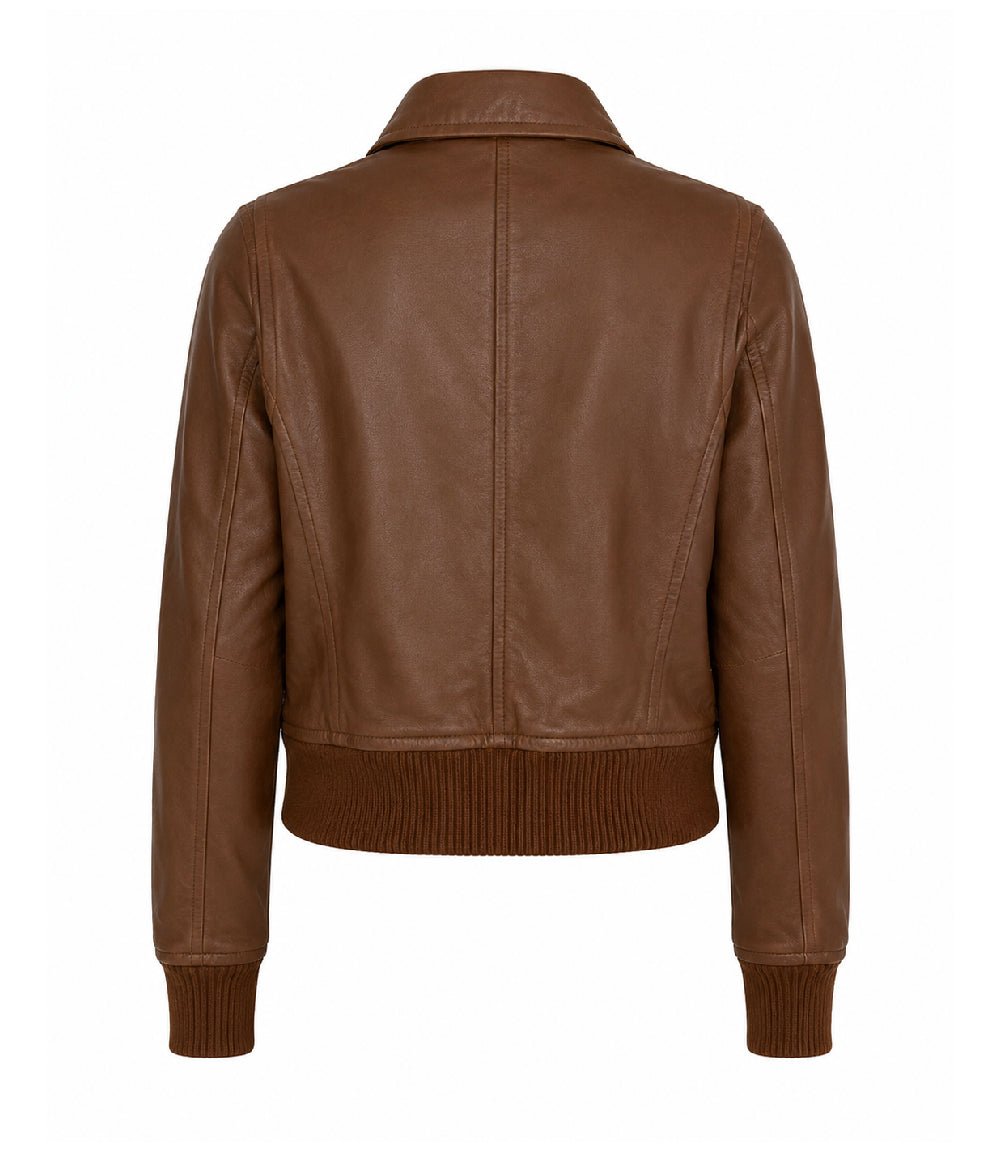 Women’s Cognac Brown Leather Harrington Bomber Jacket in XS - Jacket Aura