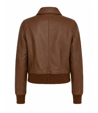 Women’s Cognac Brown Leather Harrington Bomber Jacket in XS - Jacket Aura
