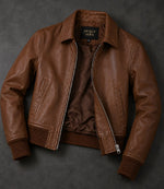 Women’s Cognac Brown Leather Harrington Bomber Jacket in XS - Jacket Aura