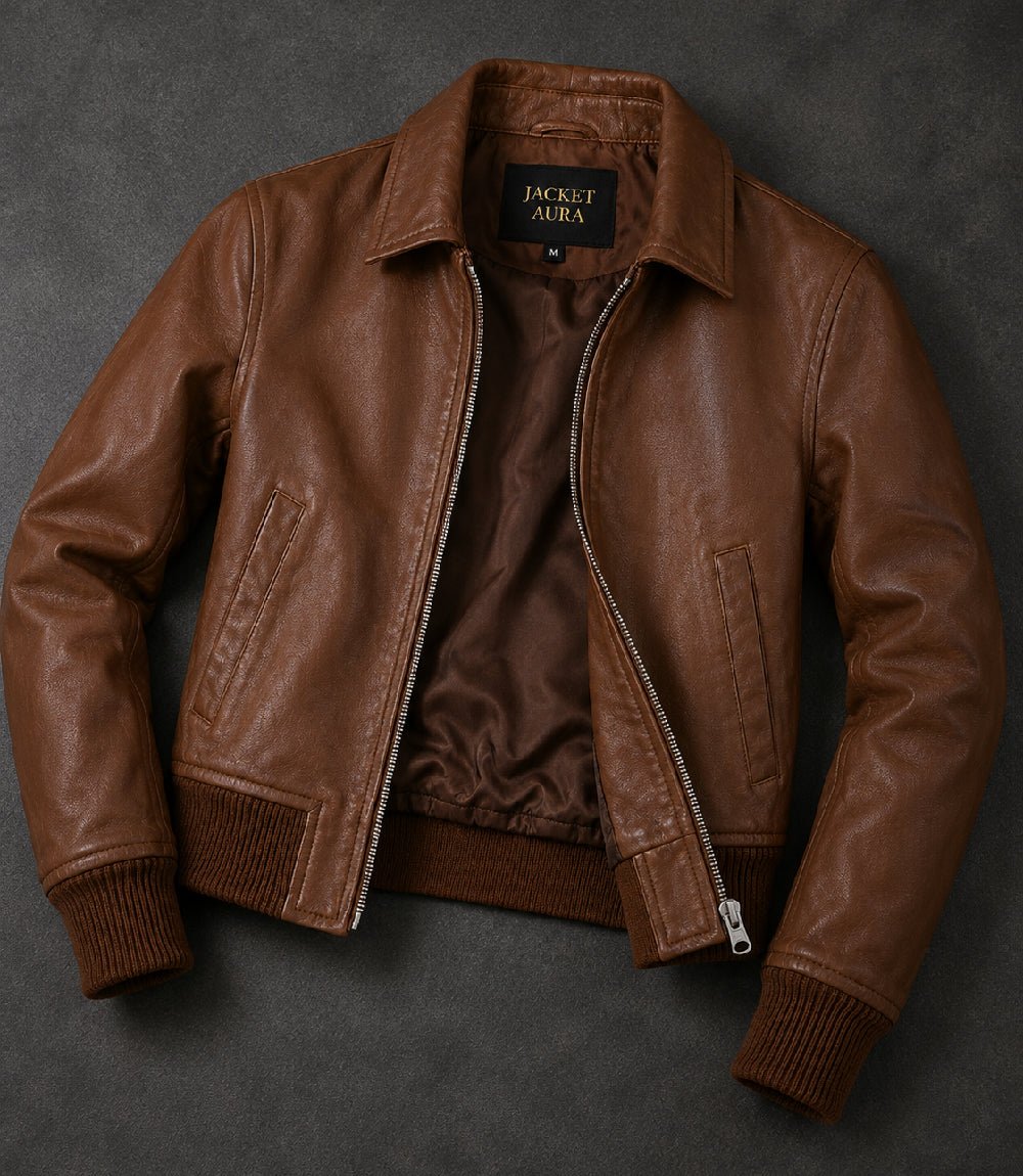 Women’s Cognac Brown Leather Harrington Bomber Jacket in XS - Jacket Aura
