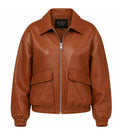 Women’s Cognac Brown Leather Zip Bomber Jacket in XS - Jacket Aura
