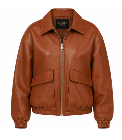 Women’s Cognac Brown Leather Zip Bomber Jacket in XS - Jacket Aura