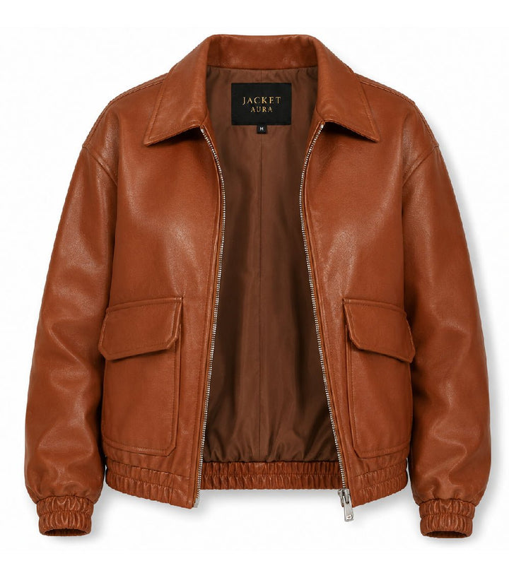 Women’s Cognac Brown Leather Zip Bomber Jacket in XS - Jacket Aura