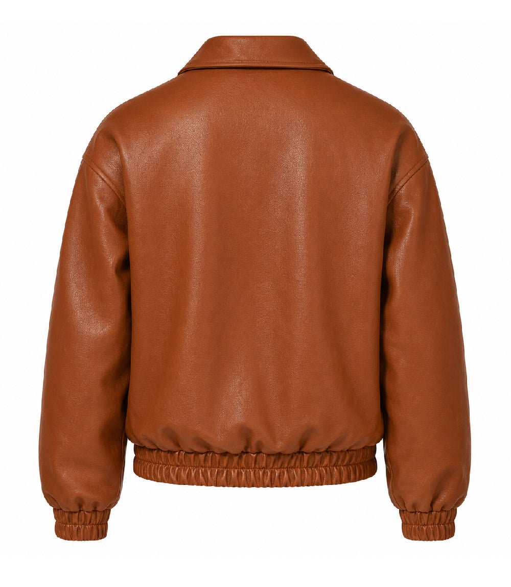 Women’s Cognac Brown Leather Zip Bomber Jacket in XS - Jacket Aura