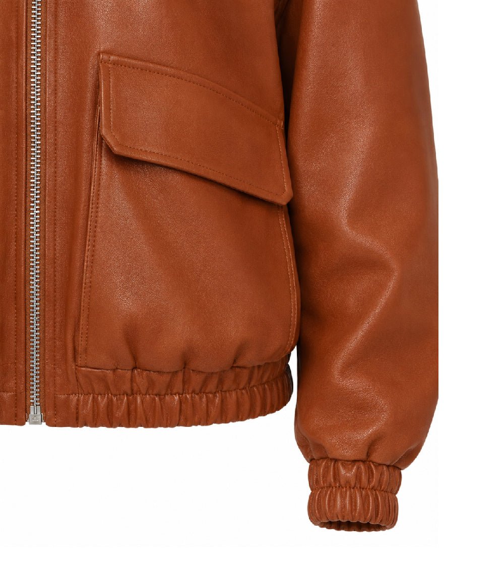 Women’s Cognac Brown Leather Zip Bomber Jacket in XS - Jacket Aura