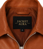 Women’s Cognac Brown Leather Zip Bomber Jacket in XS - Jacket Aura