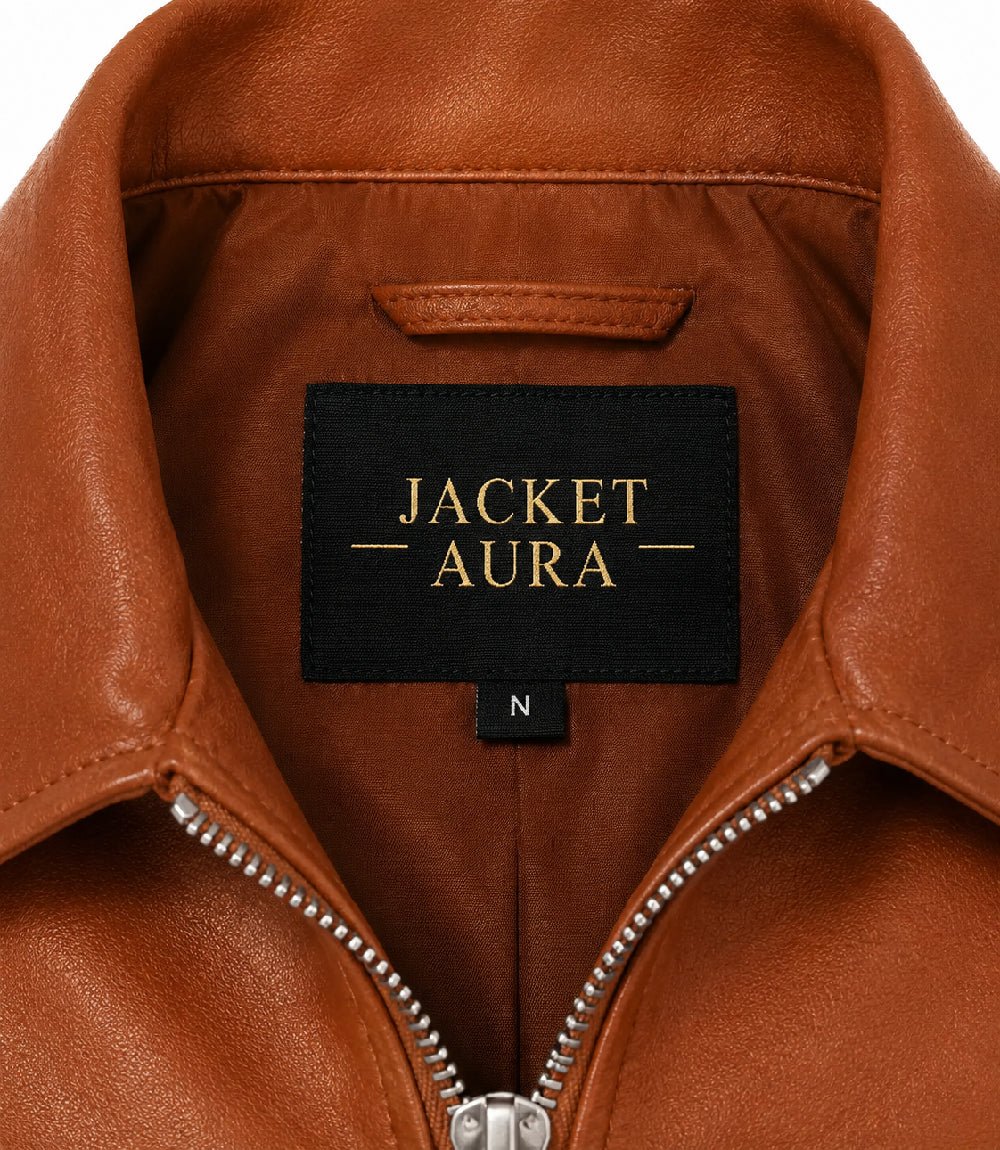 Women’s Cognac Brown Leather Zip Bomber Jacket in XS - Jacket Aura