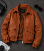 Women’s Cognac Brown Leather Zip Bomber Jacket in XS - Jacket Aura