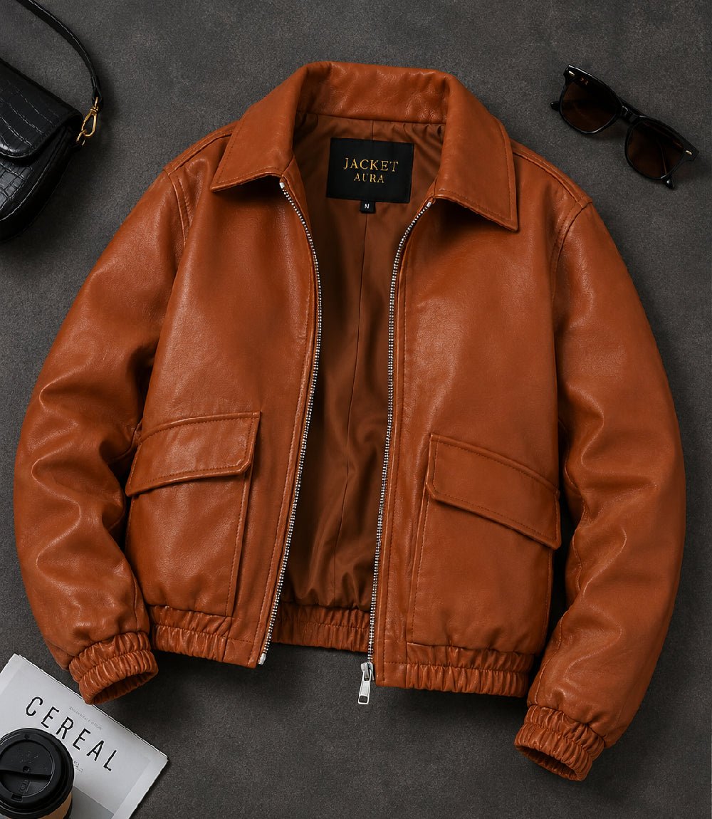 Women’s Cognac Brown Leather Zip Bomber Jacket in XS - Jacket Aura
