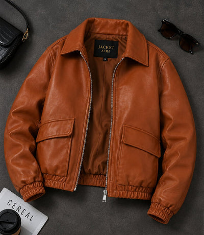 Women’s Cognac Brown Leather Zip Bomber Jacket in XS - Jacket Aura