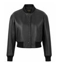 Women’s Cropped Black Leather Bomber Jacket in XS - Jacket Aura