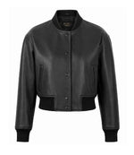 Women’s Cropped Black Leather Bomber Jacket in XS - Jacket Aura
