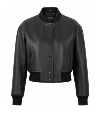 Women’s Cropped Black Leather Bomber Jacket in XS - Jacket Aura