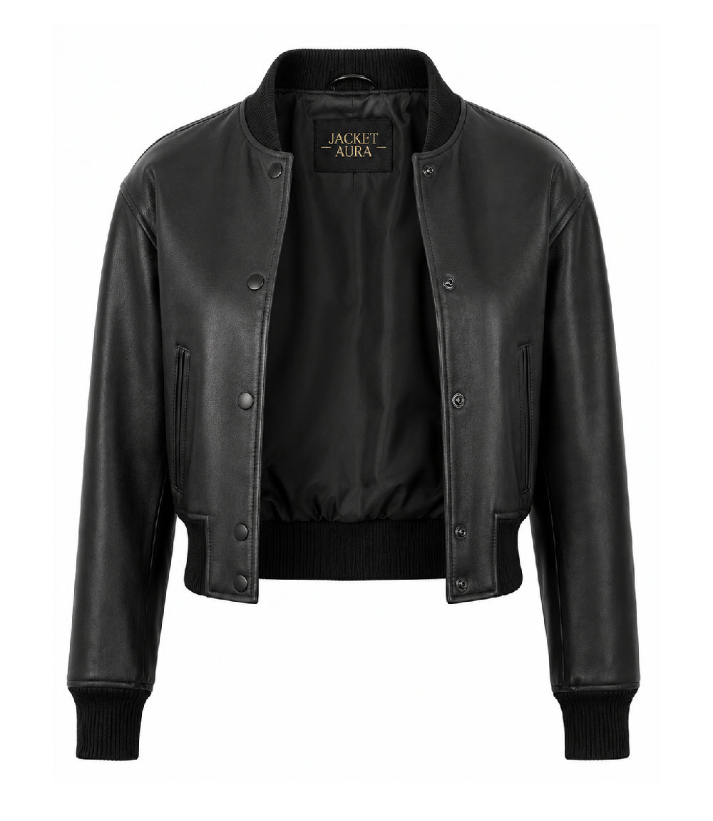 Women’s Cropped Black Leather Bomber Jacket in XS - Jacket Aura