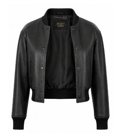Women’s Cropped Black Leather Bomber Jacket in XS - Jacket Aura