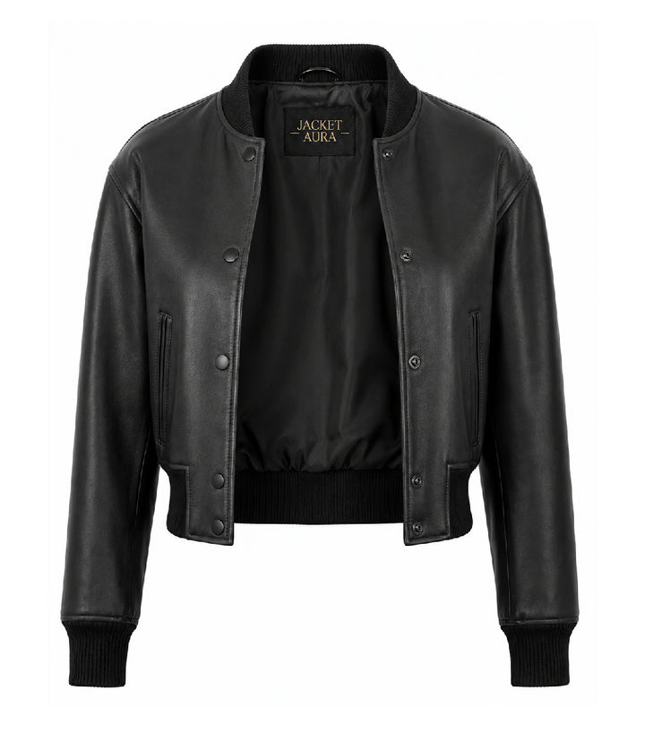 Women’s Cropped Black Leather Bomber Jacket in XS - Jacket Aura