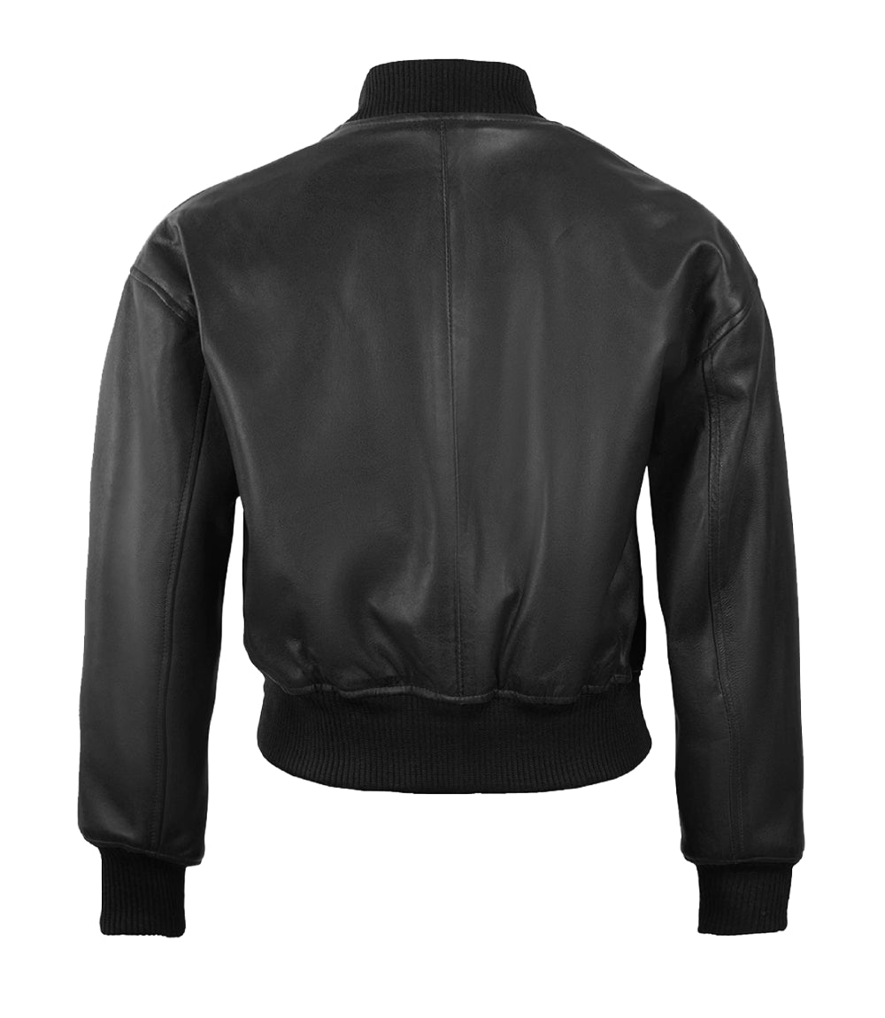 Women’s Cropped Black Leather Bomber Jacket in XS - Jacket Aura