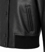 Women’s Cropped Black Leather Bomber Jacket in XS - Jacket Aura