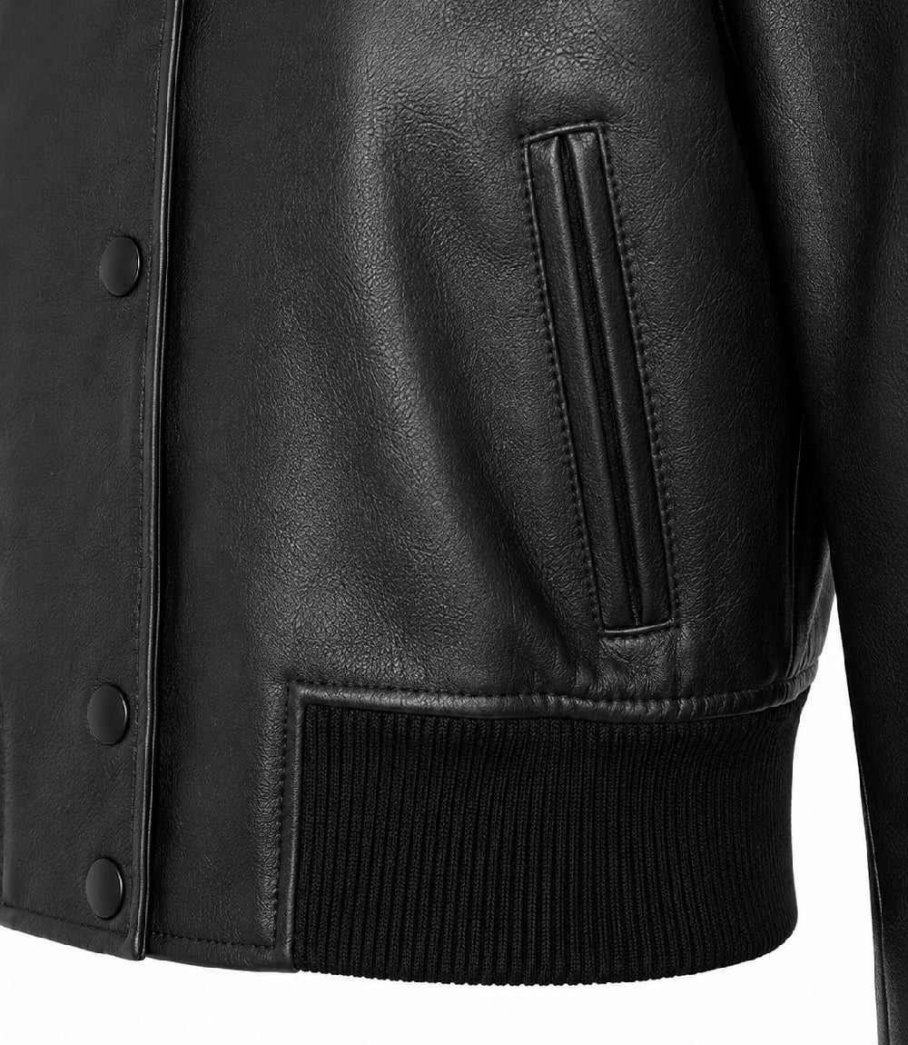 Women’s Cropped Black Leather Bomber Jacket in XS - Jacket Aura