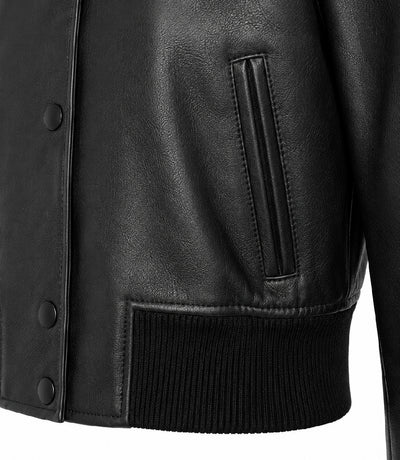 Women’s Cropped Black Leather Bomber Jacket in XS - Jacket Aura