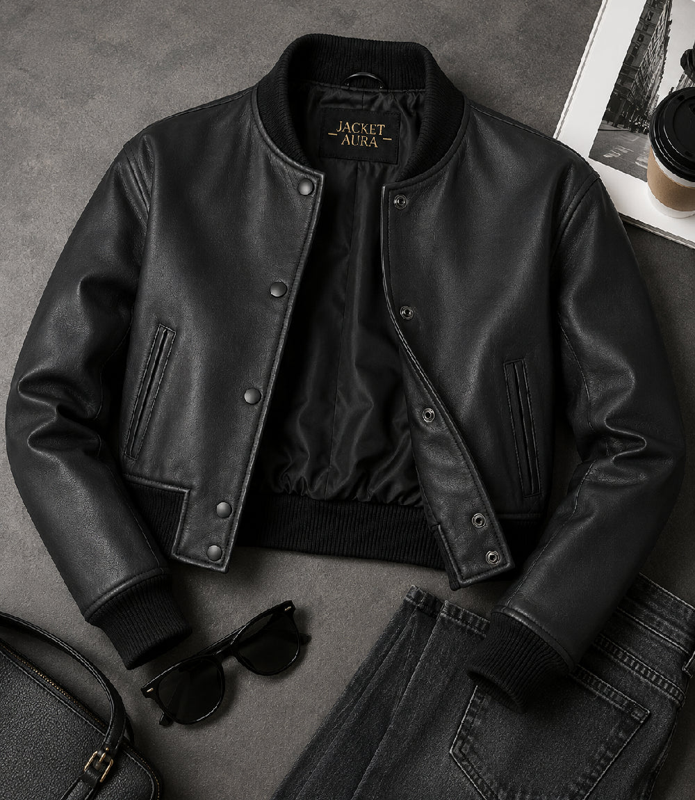 Women’s Cropped Black Leather Bomber Jacket in XS - Jacket Aura