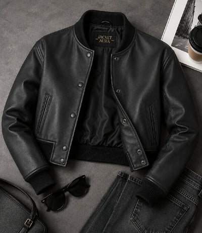 Women’s Cropped Black Leather Bomber Jacket in XS - Jacket Aura
