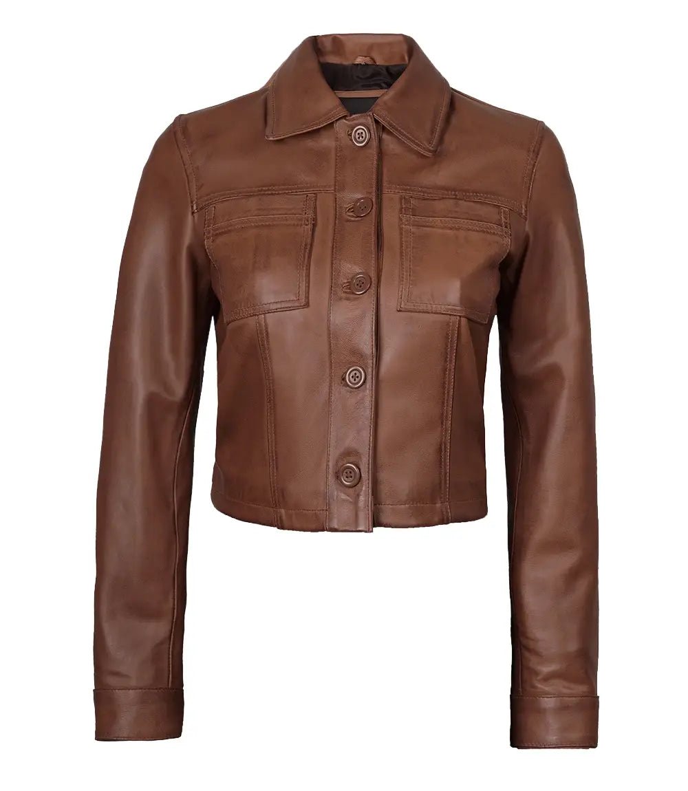 Women’s Cropped Cognac Brown Leather Jacket | Jacket Aura in XS - Jacket Aura