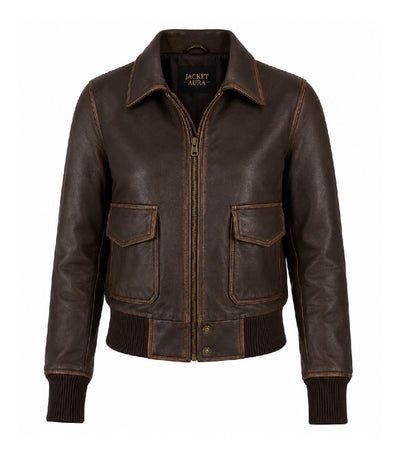 Women’s Dark Brown Leather Bomber Jacket in XS - Jacket Aura