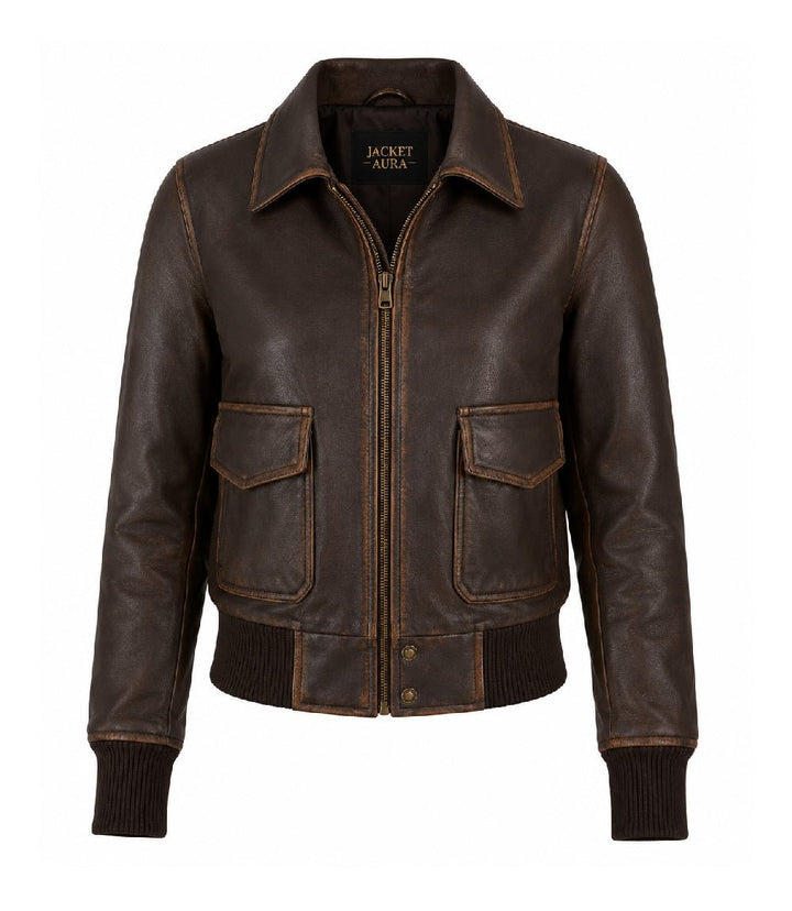 Women’s Dark Brown Leather Bomber Jacket in XS - Jacket Aura