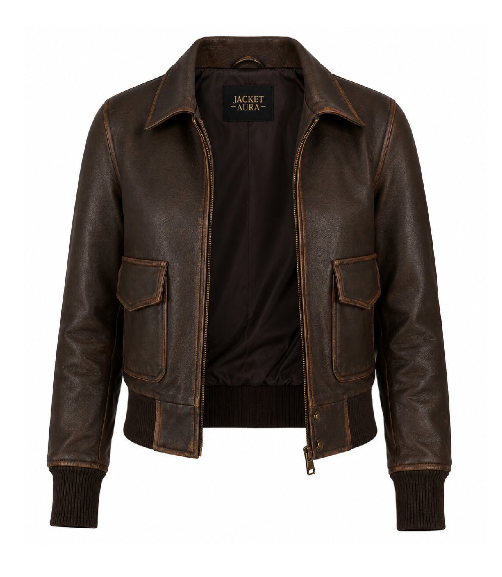 Women’s Dark Brown Leather Bomber Jacket in XS - Jacket Aura