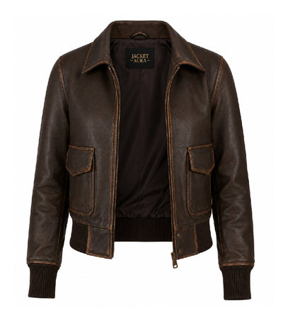 Women’s Dark Brown Leather Bomber Jacket in XS - Jacket Aura