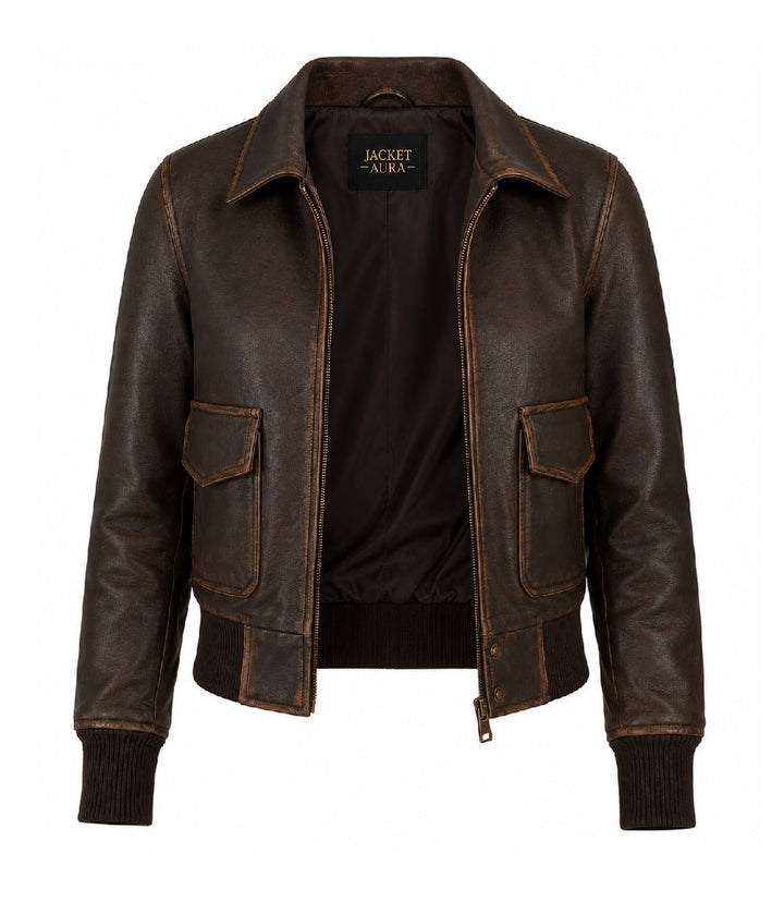 Women’s Dark Brown Leather Bomber Jacket in XS - Jacket Aura