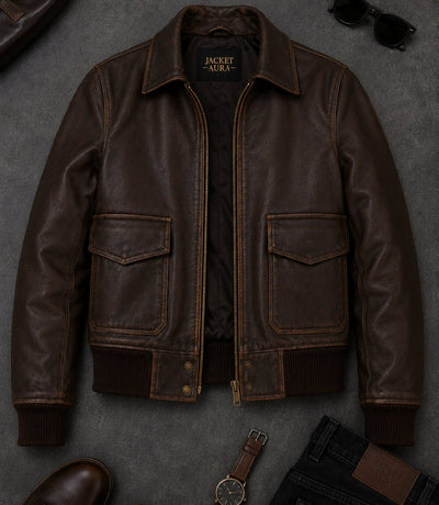 Women’s Dark Brown Leather Bomber Jacket in XS - Jacket Aura